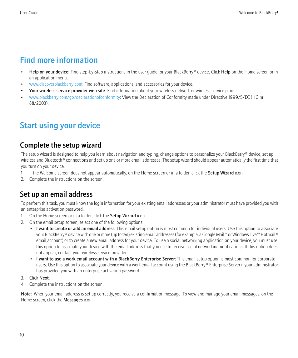 Find more information, Start using your device, Complete the setup wizard | Set up an email address | Blackberry CURVE 8350I User Manual | Page 12 / 318