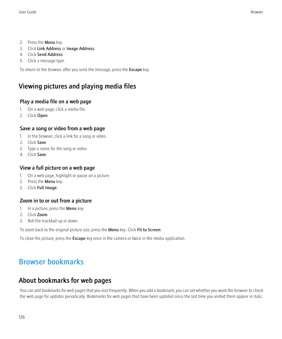 Browser bookmarks, Viewing pictures and playing media files, About bookmarks for web pages | Blackberry CURVE 8350I User Manual | Page 128 / 318