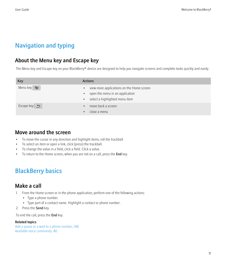 Navigation and typing, Blackberry basics, About the menu key and escape key | Move around the screen, Make a call | Blackberry CURVE 8350I User Manual | Page 13 / 318