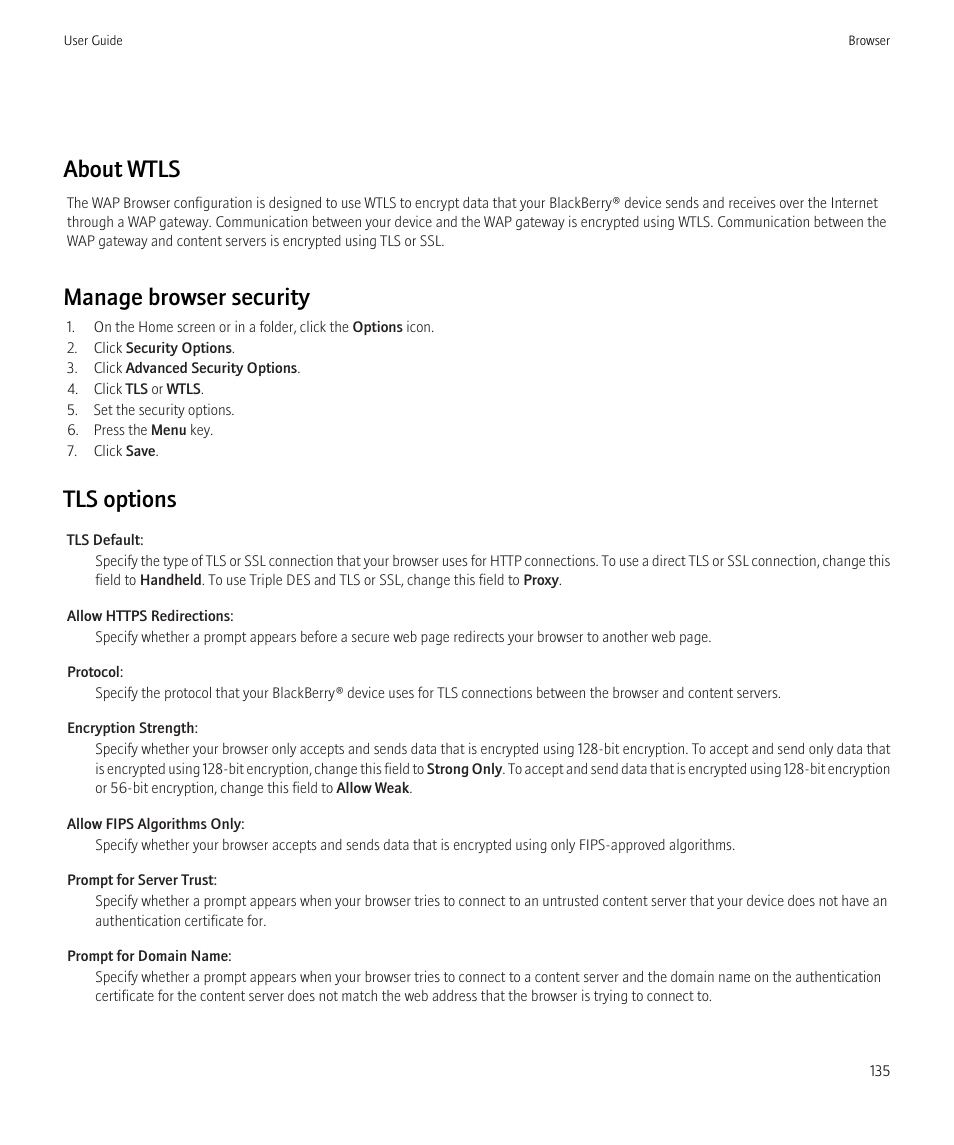 About wtls, Manage browser security, Tls options | Blackberry CURVE 8350I User Manual | Page 137 / 318