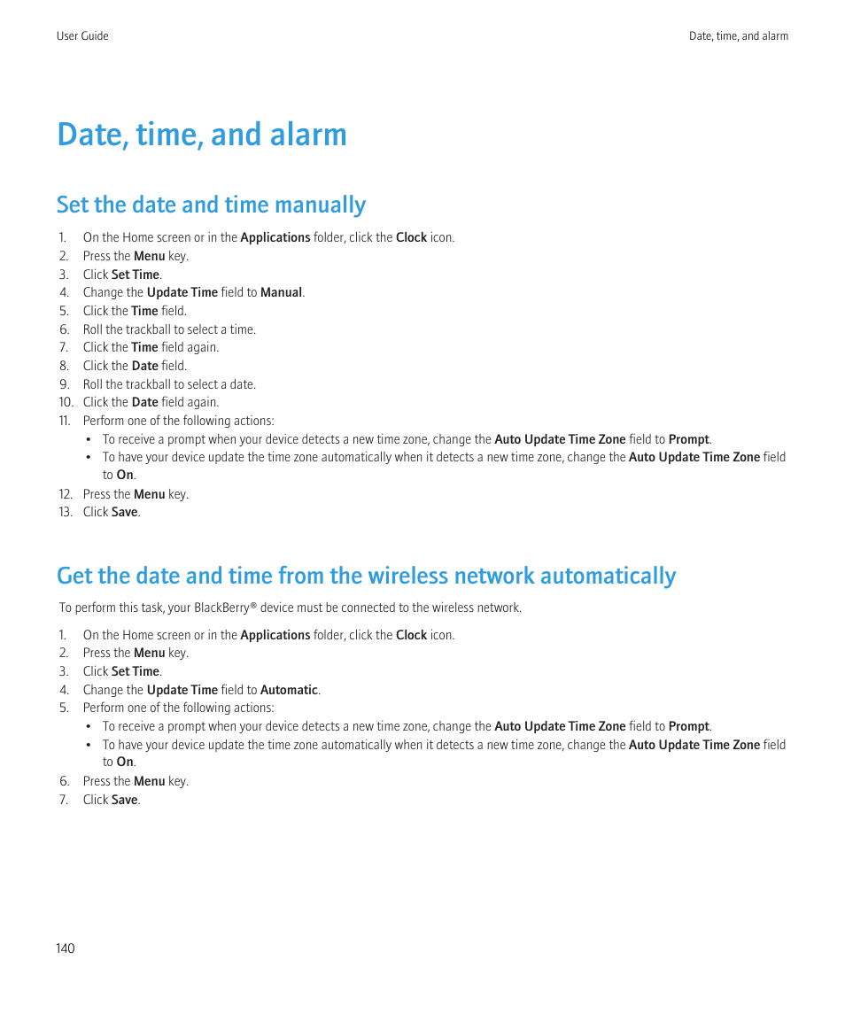 Date, time, and alarm, Set the date and time manually | Blackberry CURVE 8350I User Manual | Page 142 / 318