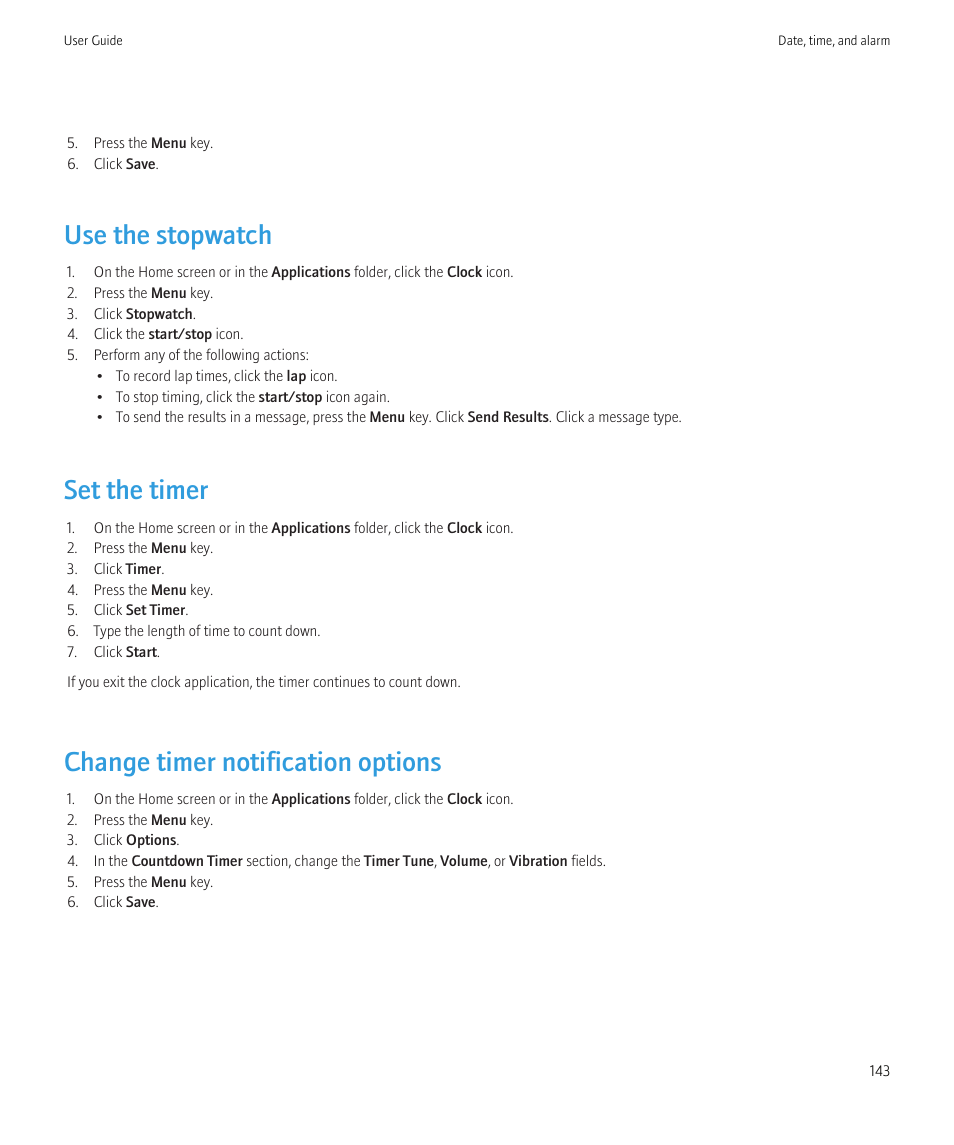 Use the stopwatch, Set the timer, Change timer notification options | Blackberry CURVE 8350I User Manual | Page 145 / 318