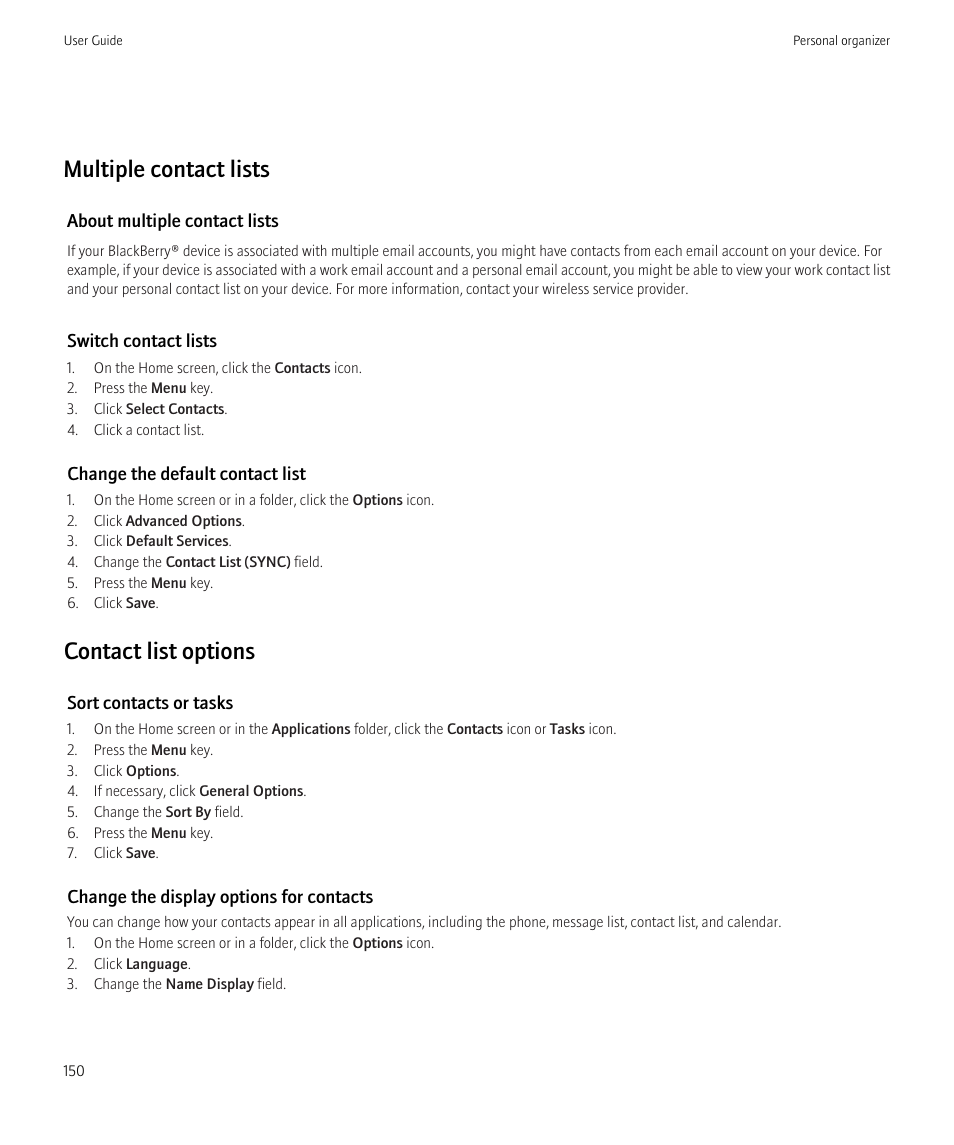 Multiple contact lists, Contact list options | Blackberry CURVE 8350I User Manual | Page 152 / 318
