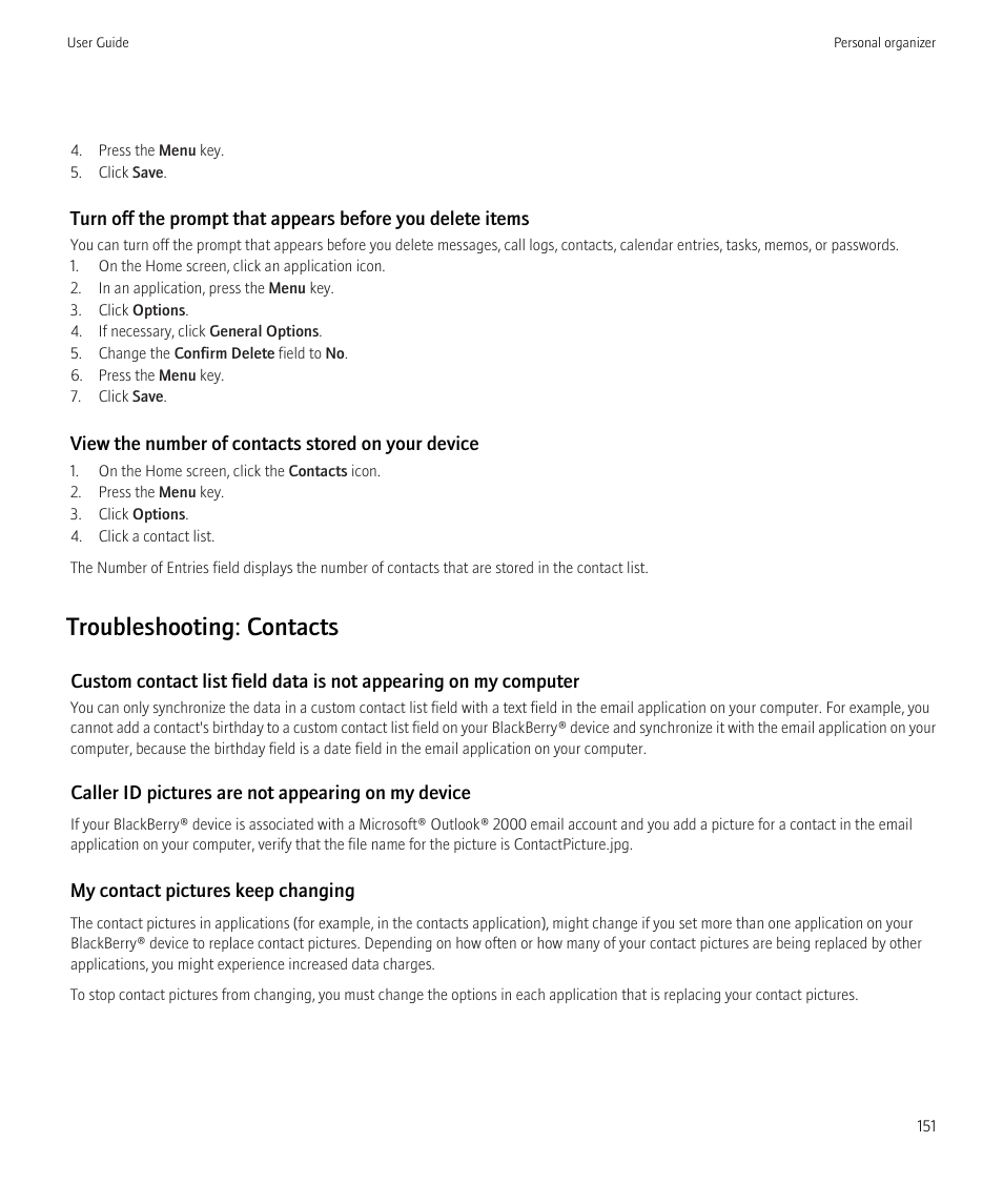 Troubleshooting: contacts | Blackberry CURVE 8350I User Manual | Page 153 / 318