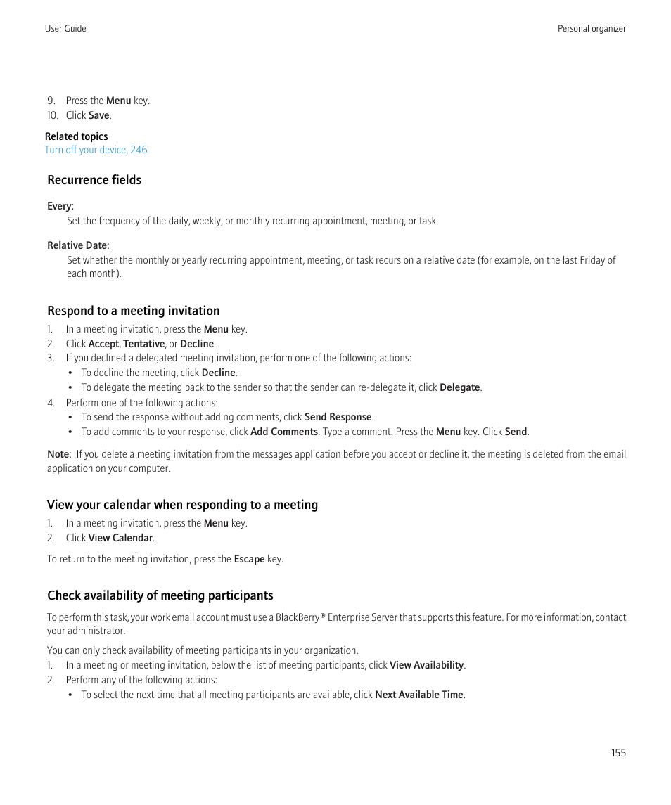 Recurrence fields, Respond to a meeting invitation, View your calendar when responding to a meeting | Check availability of meeting participants | Blackberry CURVE 8350I User Manual | Page 157 / 318