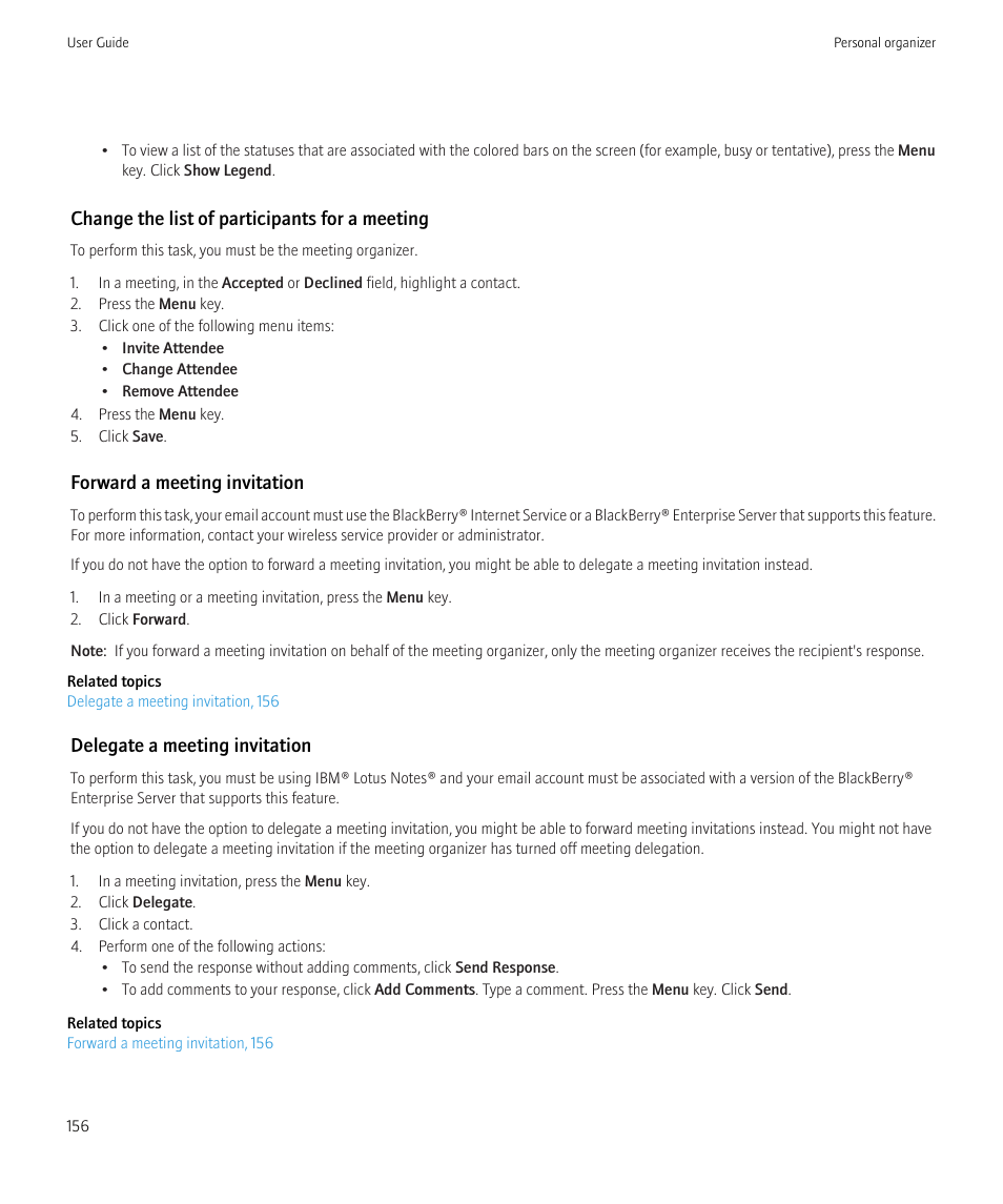 Change the list of participants for a meeting, Forward a meeting invitation, Delegate a meeting invitation | Blackberry CURVE 8350I User Manual | Page 158 / 318