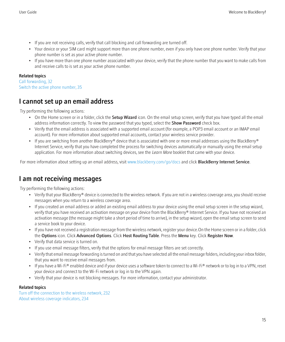 I cannot set up an email address, I am not receiving messages | Blackberry CURVE 8350I User Manual | Page 17 / 318