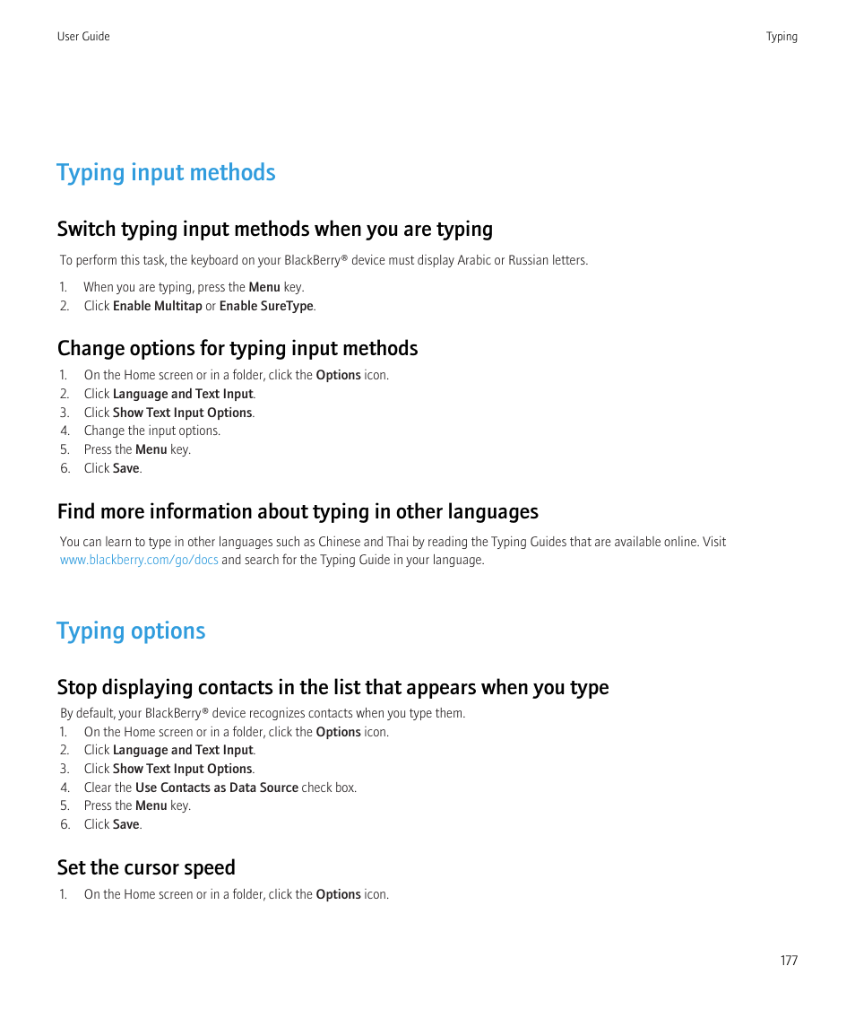 Typing input methods, Typing options, Switch typing input methods when you are typing | Change options for typing input methods, Set the cursor speed | Blackberry CURVE 8350I User Manual | Page 179 / 318