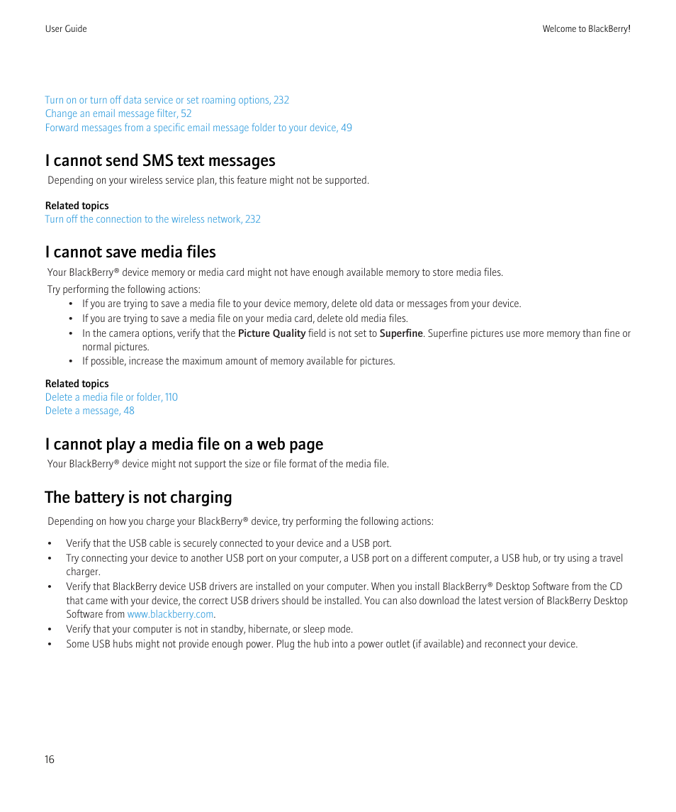 I cannot send sms text messages, I cannot save media files, I cannot play a media file on a web page | The battery is not charging | Blackberry CURVE 8350I User Manual | Page 18 / 318