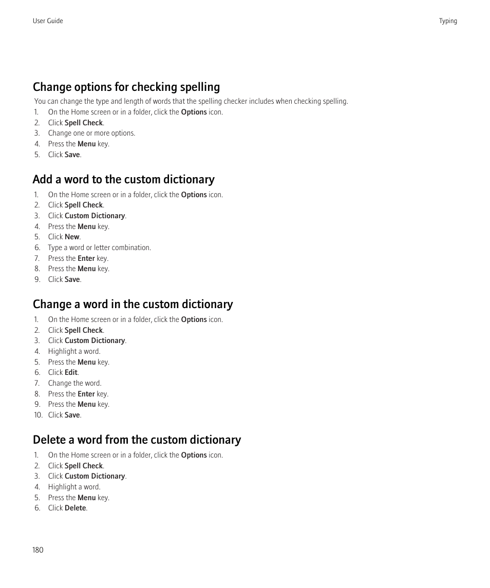Change options for checking spelling, Add a word to the custom dictionary, Change a word in the custom dictionary | Delete a word from the custom dictionary | Blackberry CURVE 8350I User Manual | Page 182 / 318