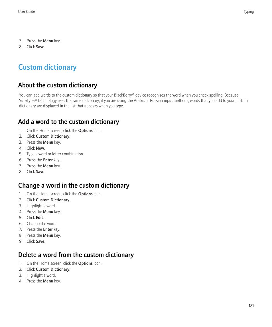 Custom dictionary, About the custom dictionary, Add a word to the custom dictionary | Change a word in the custom dictionary, Delete a word from the custom dictionary | Blackberry CURVE 8350I User Manual | Page 183 / 318
