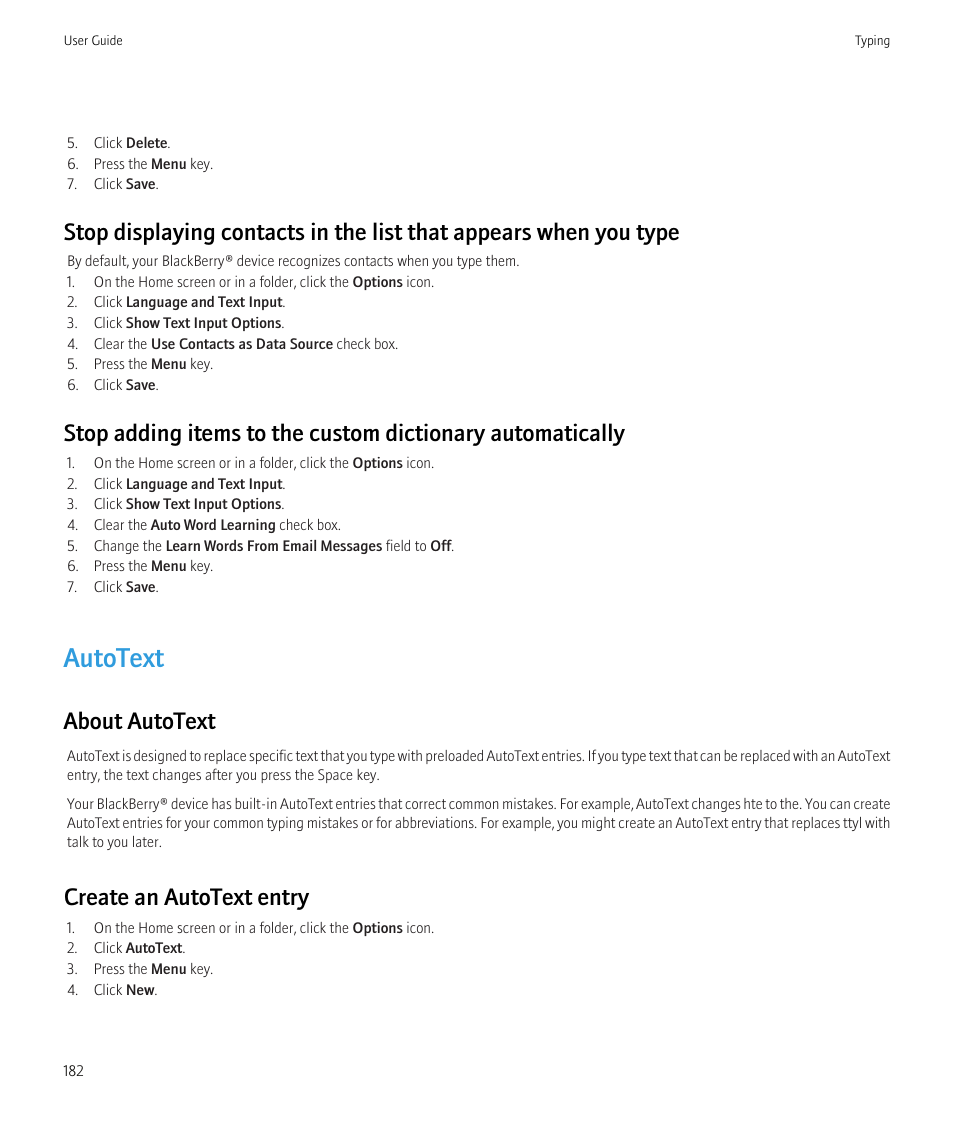 Autotext, About autotext, Create an autotext entry | Blackberry CURVE 8350I User Manual | Page 184 / 318
