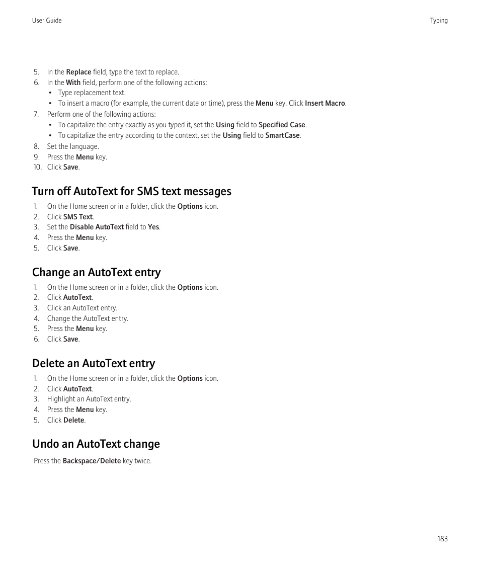 Turn off autotext for sms text messages, Change an autotext entry, Delete an autotext entry | Undo an autotext change | Blackberry CURVE 8350I User Manual | Page 185 / 318