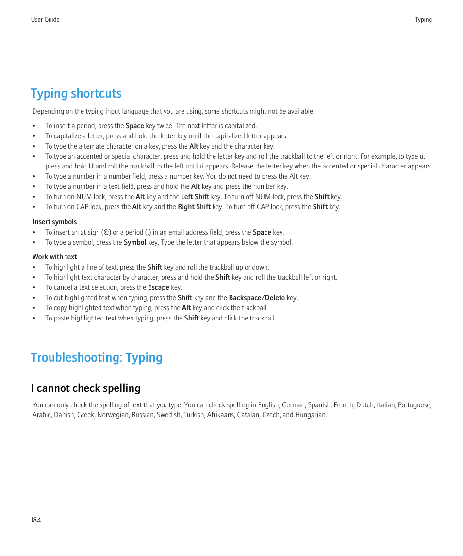 Typing shortcuts, Troubleshooting: typing, I cannot check spelling | Blackberry CURVE 8350I User Manual | Page 186 / 318