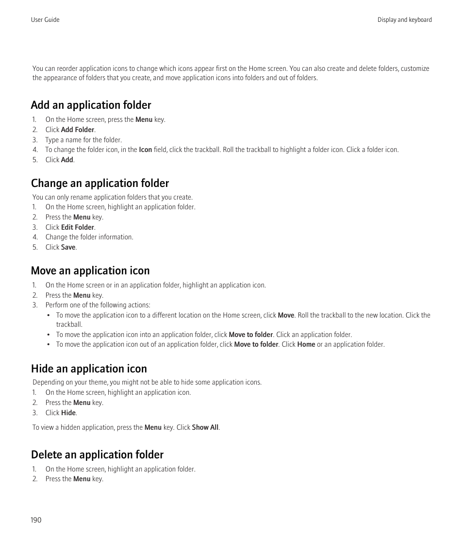 Add an application folder, Change an application folder, Move an application icon | Hide an application icon, Delete an application folder | Blackberry CURVE 8350I User Manual | Page 192 / 318