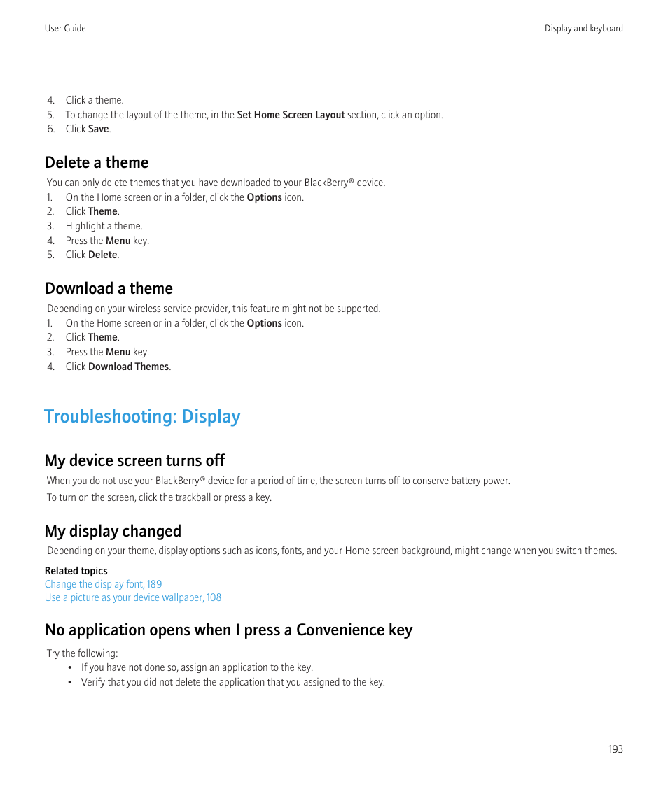 Troubleshooting: display, Delete a theme, Download a theme | My device screen turns off, My display changed | Blackberry CURVE 8350I User Manual | Page 195 / 318