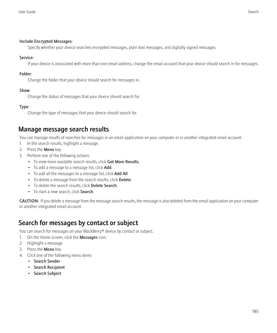 Manage message search results, Search for messages by contact or subject | Blackberry CURVE 8350I User Manual | Page 197 / 318