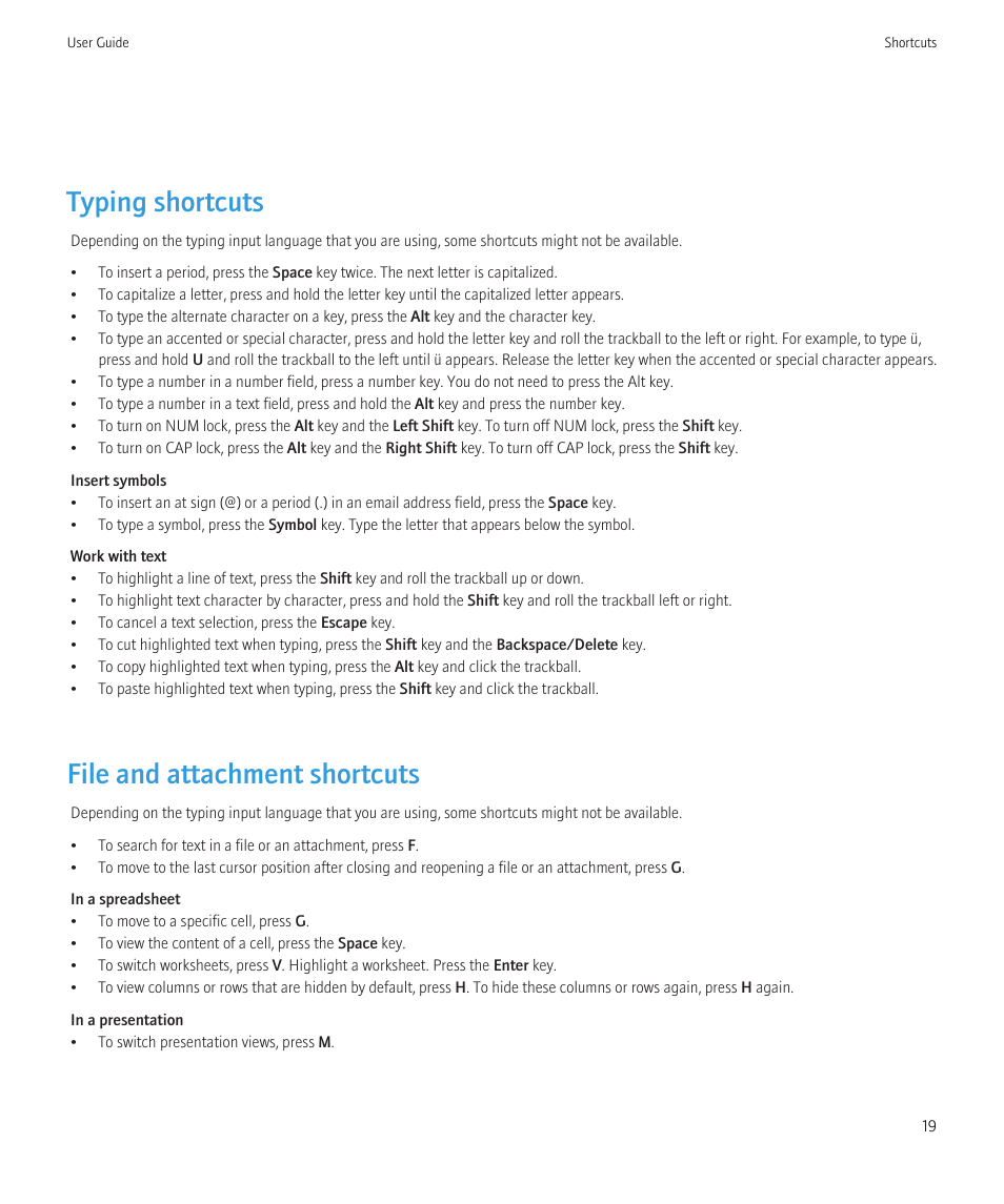 Typing shortcuts, File and attachment shortcuts | Blackberry CURVE 8350I User Manual | Page 21 / 318