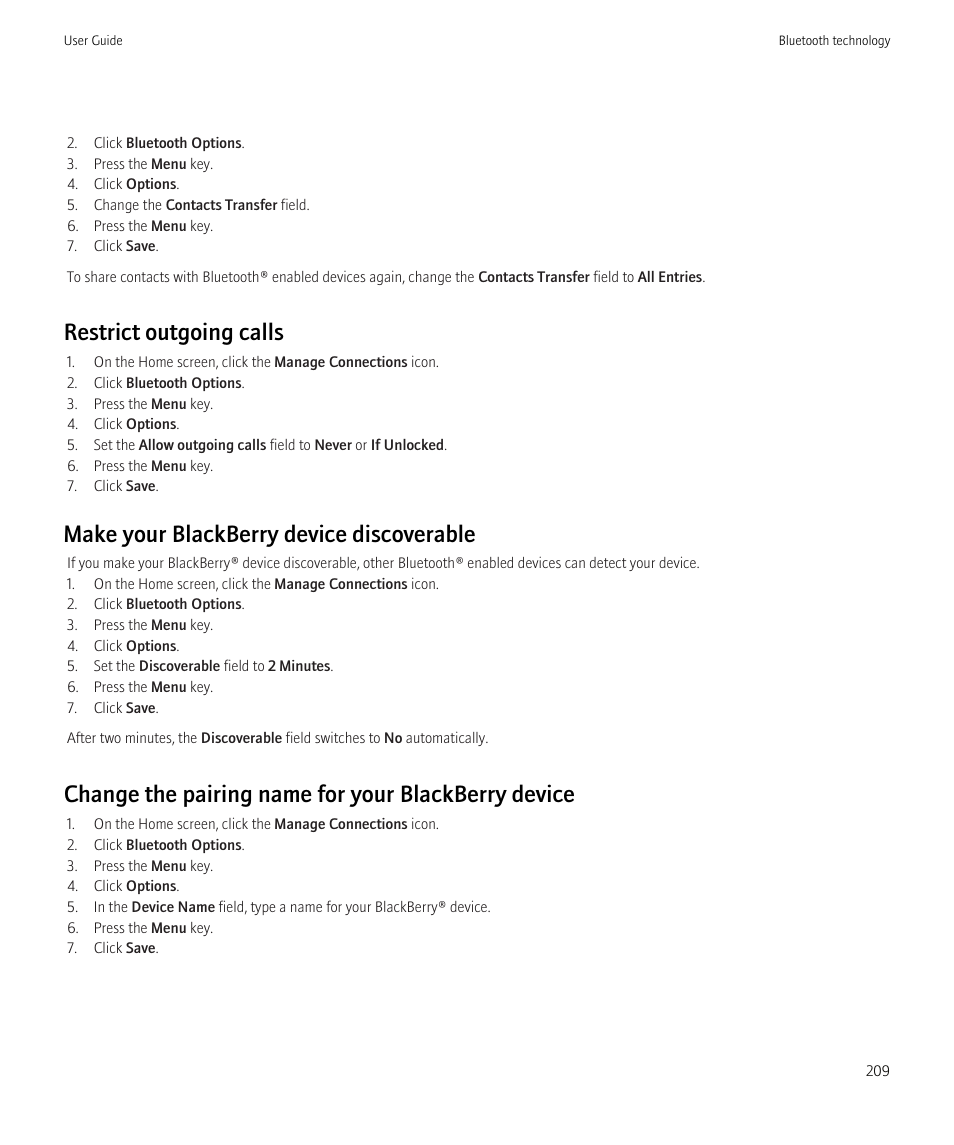 Restrict outgoing calls, Make your blackberry device discoverable, Change the pairing name for your blackberry device | Blackberry CURVE 8350I User Manual | Page 211 / 318