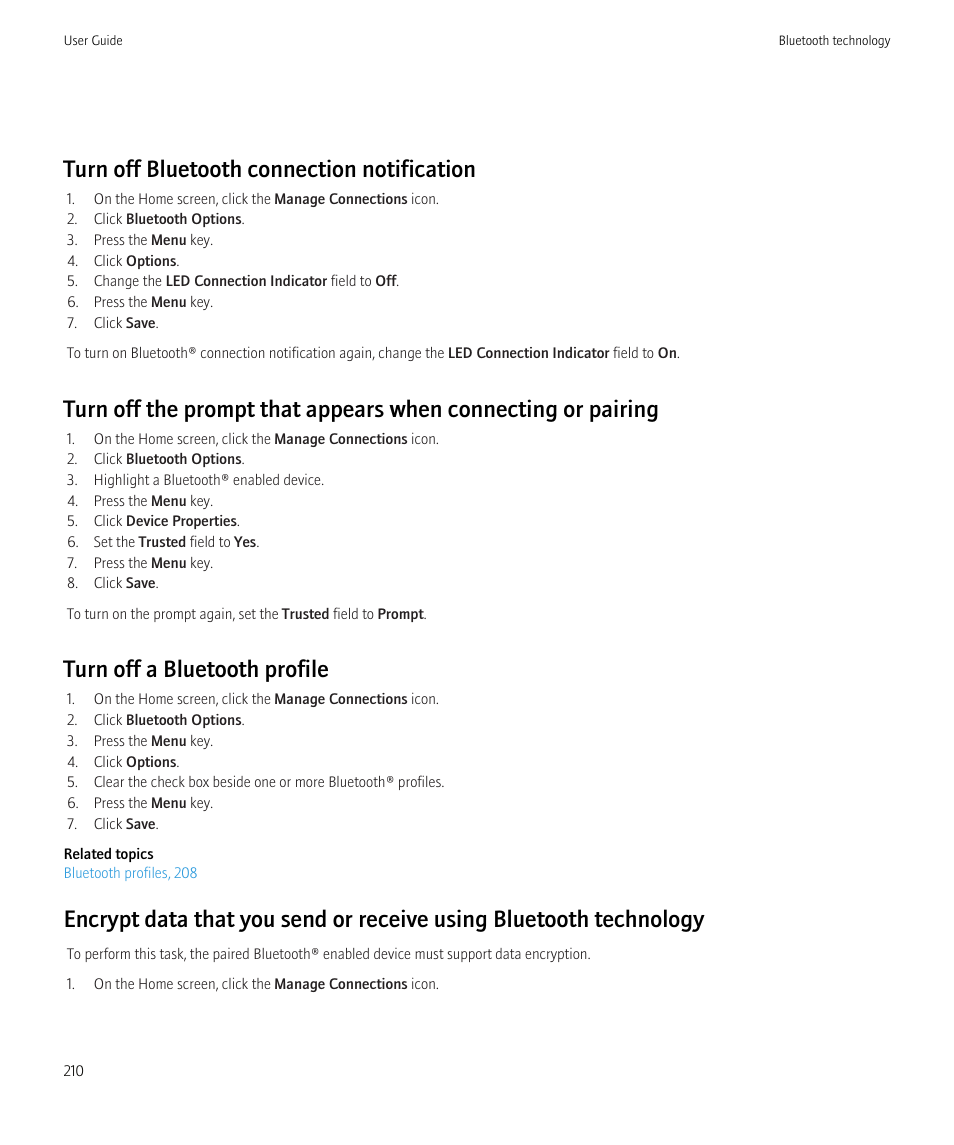 Turn off bluetooth connection notification, Turn off a bluetooth profile | Blackberry CURVE 8350I User Manual | Page 212 / 318