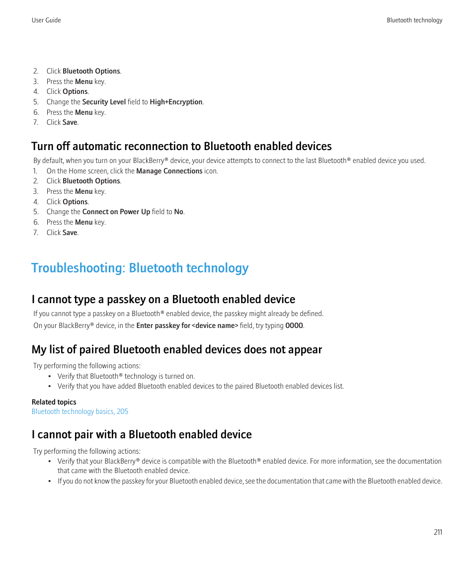 Troubleshooting: bluetooth technology, I cannot pair with a bluetooth enabled device | Blackberry CURVE 8350I User Manual | Page 213 / 318