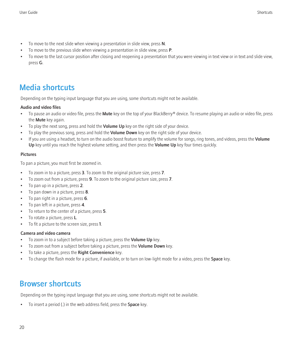 Media shortcuts, Browser shortcuts | Blackberry CURVE 8350I User Manual | Page 22 / 318