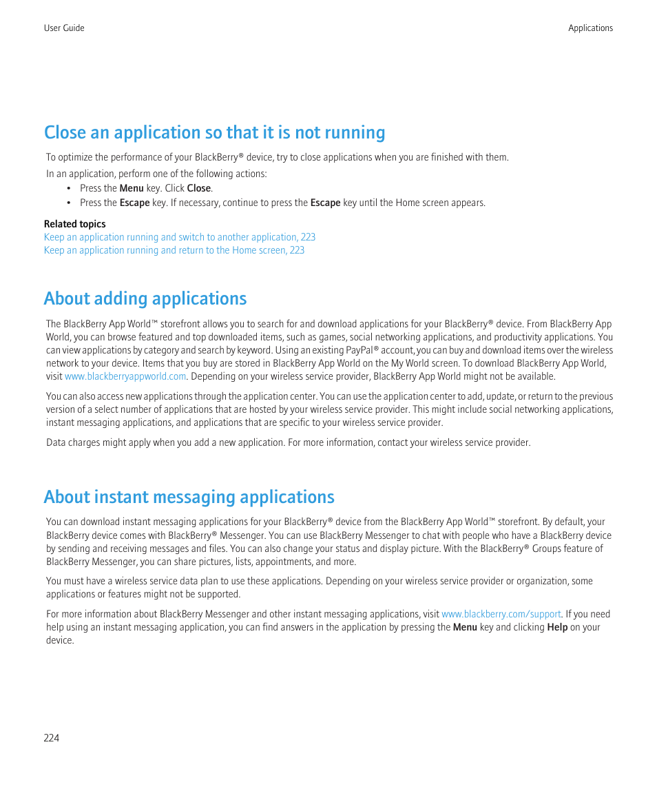 Close an application so that it is not running, About adding applications, About instant messaging applications | Blackberry CURVE 8350I User Manual | Page 226 / 318