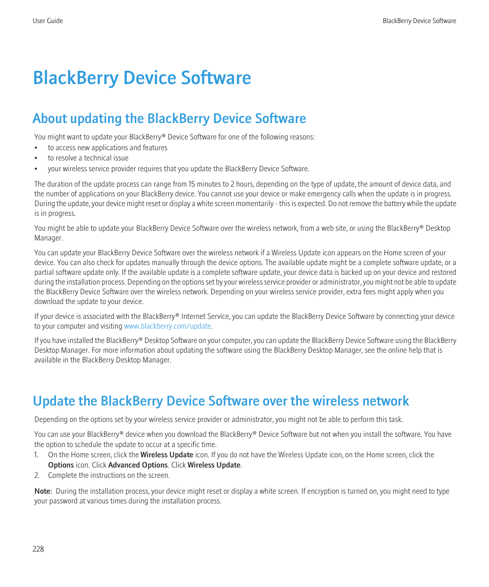 Blackberry device software, About updating the blackberry device software | Blackberry CURVE 8350I User Manual | Page 230 / 318