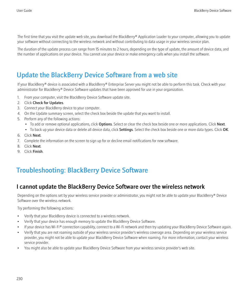 Troubleshooting: blackberry device software | Blackberry CURVE 8350I User Manual | Page 232 / 318