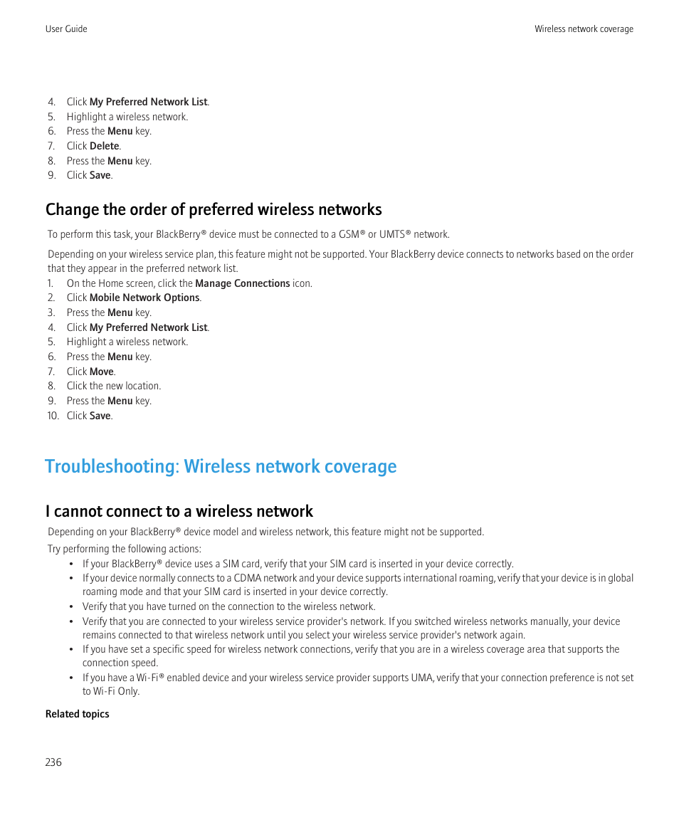 Troubleshooting: wireless network coverage, Change the order of preferred wireless networks, I cannot connect to a wireless network | Blackberry CURVE 8350I User Manual | Page 238 / 318