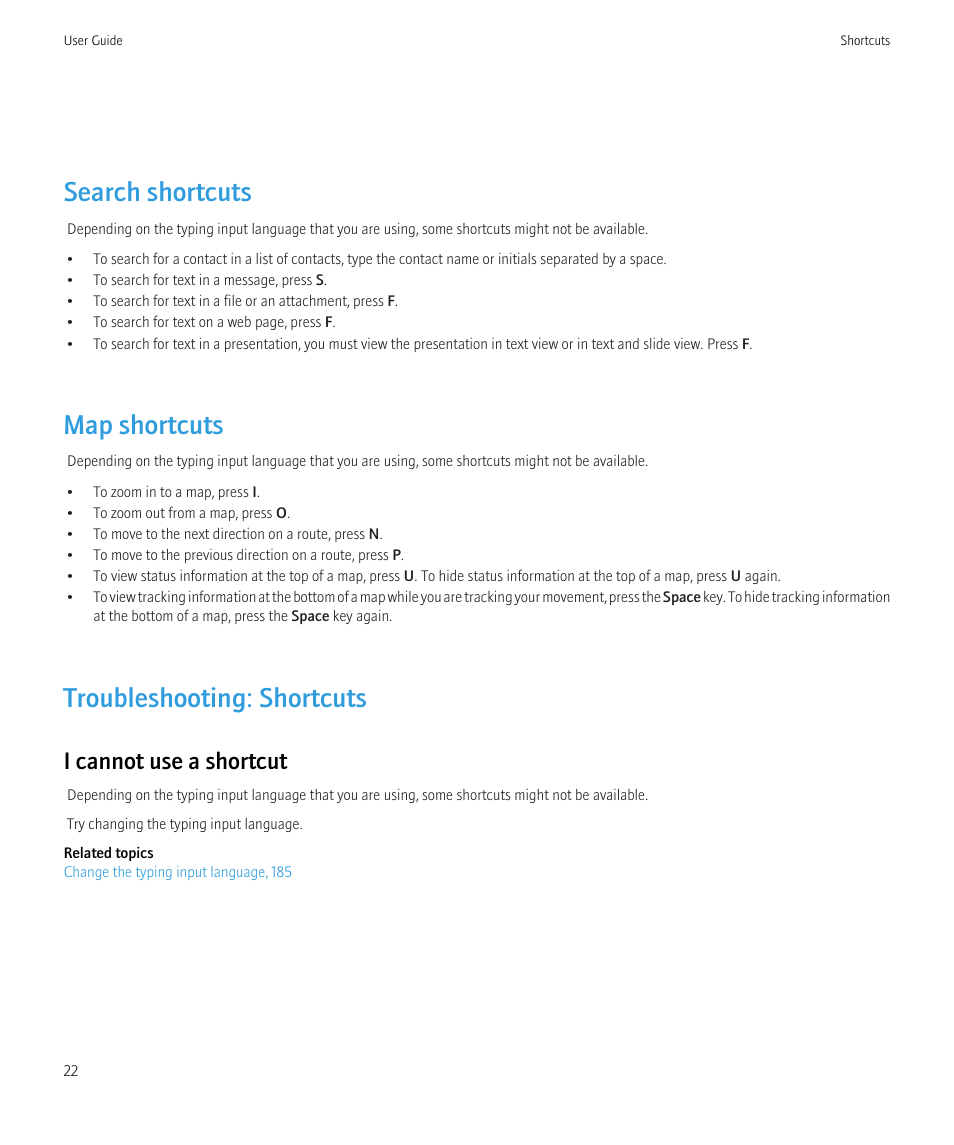 Search shortcuts, Map shortcuts, Troubleshooting: shortcuts | I cannot use a shortcut | Blackberry CURVE 8350I User Manual | Page 24 / 318