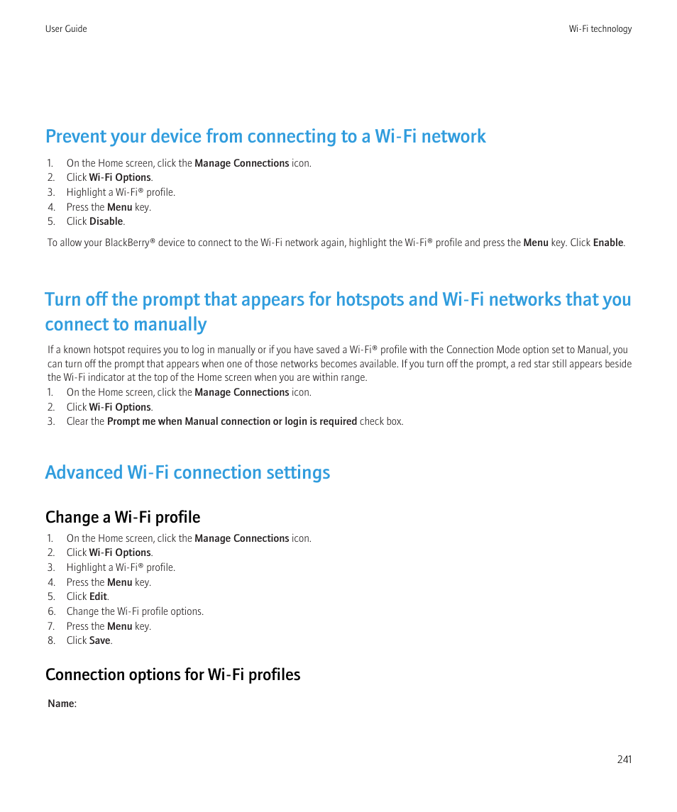 Advanced wi-fi connection settings, Change a wi-fi profile, Connection options for wi-fi profiles | Blackberry CURVE 8350I User Manual | Page 243 / 318