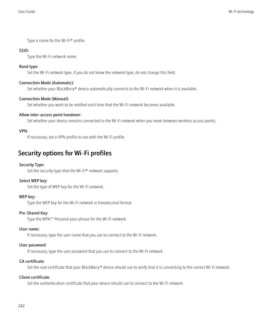 Security options for wi-fi profiles | Blackberry CURVE 8350I User Manual | Page 244 / 318