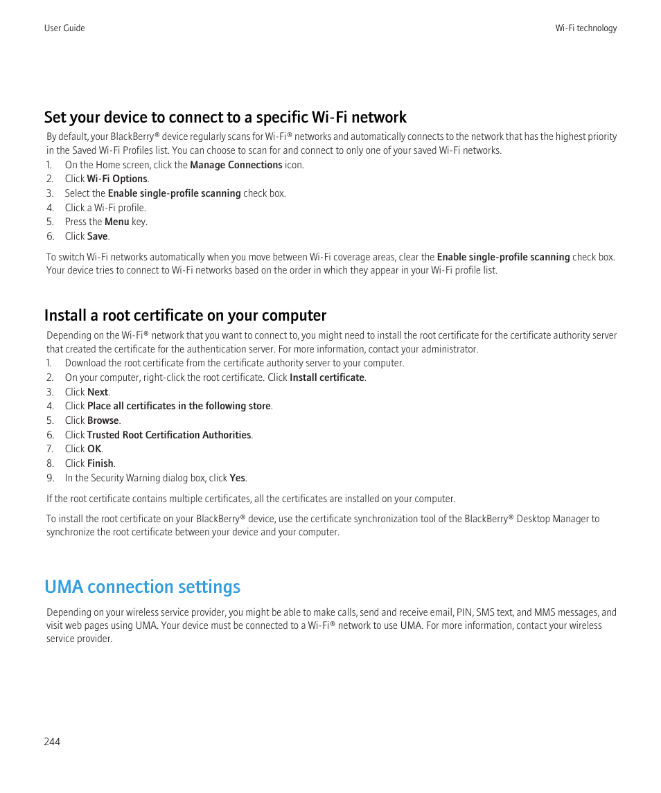 Uma connection settings, Install a root certificate on your computer | Blackberry CURVE 8350I User Manual | Page 246 / 318