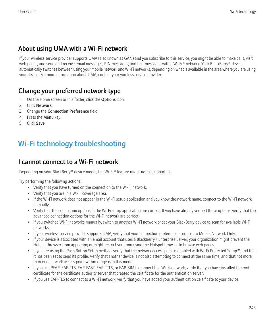 Wi-fi technology troubleshooting, About using uma with a wi-fi network, Change your preferred network type | I cannot connect to a wi-fi network | Blackberry CURVE 8350I User Manual | Page 247 / 318