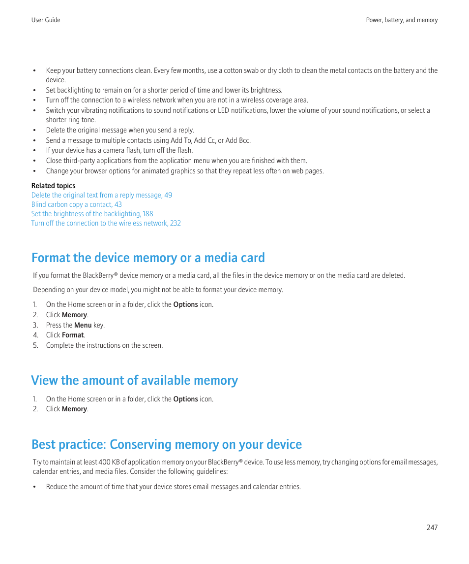 Format the device memory or a media card, View the amount of available memory, Best practice: conserving memory on your device | Blackberry CURVE 8350I User Manual | Page 249 / 318