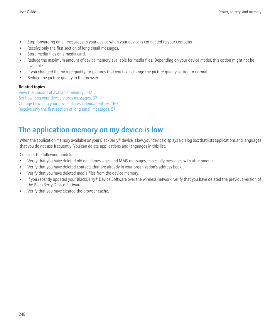 The application memory on my device is low | Blackberry CURVE 8350I User Manual | Page 250 / 318