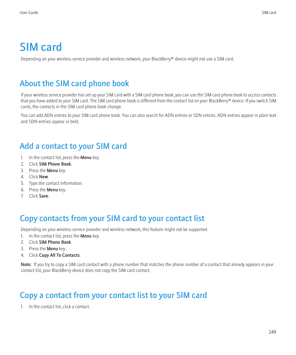 Sim card, About the sim card phone book, Add a contact to your sim card | Blackberry CURVE 8350I User Manual | Page 251 / 318