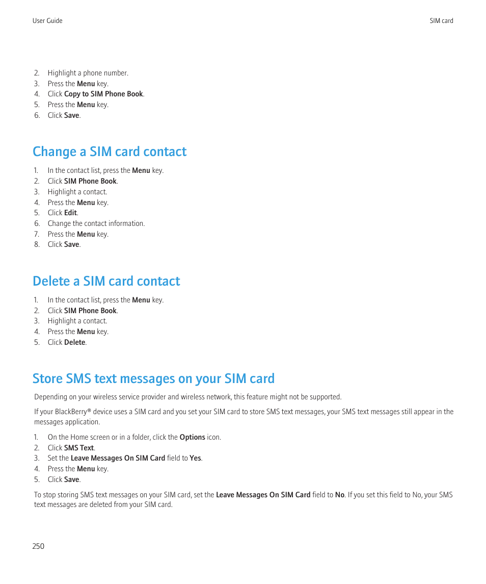 Change a sim card contact, Delete a sim card contact, Store sms text messages on your sim card | Blackberry CURVE 8350I User Manual | Page 252 / 318