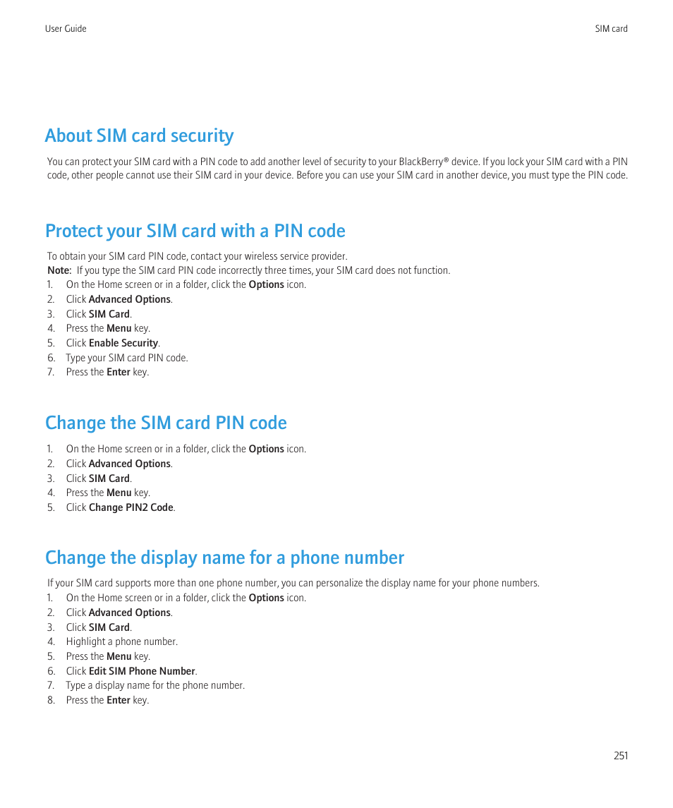 About sim card security, Protect your sim card with a pin code, Change the sim card pin code | Change the display name for a phone number | Blackberry CURVE 8350I User Manual | Page 253 / 318