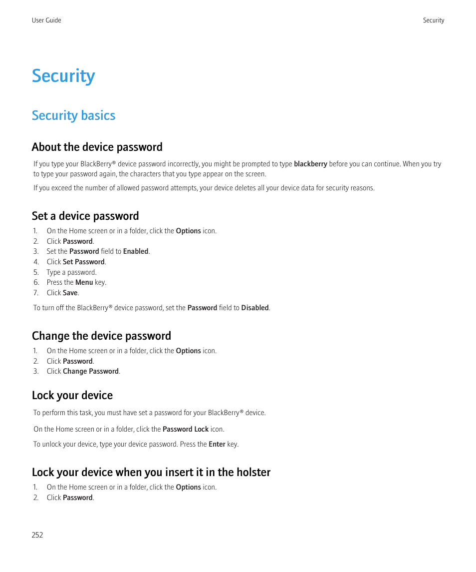 Security, Security basics, Lock your device, 252 | About the device password, Set a device password, Change the device password, Lock your device, Lock your device when you insert it in the holster | Blackberry CURVE 8350I User Manual | Page 254 / 318