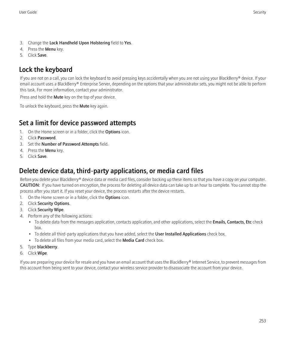 Lock the keyboard, Set a limit for device password attempts | Blackberry CURVE 8350I User Manual | Page 255 / 318