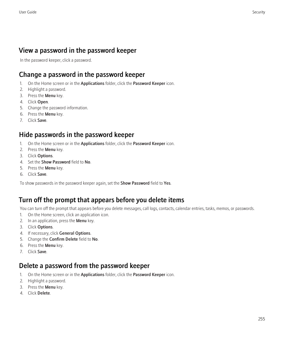 View a password in the password keeper, Change a password in the password keeper, Hide passwords in the password keeper | Delete a password from the password keeper | Blackberry CURVE 8350I User Manual | Page 257 / 318