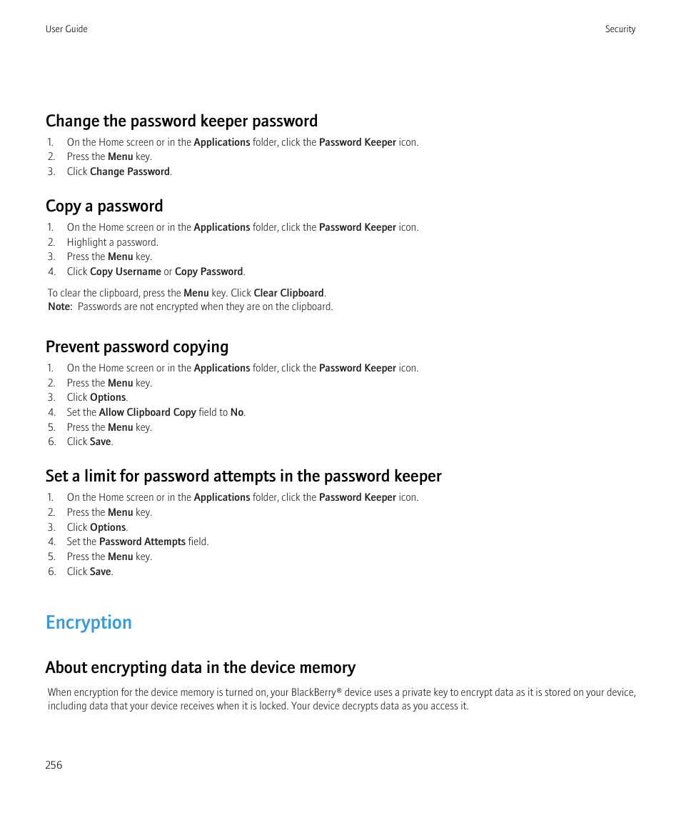 Encryption, Change the password keeper password, Copy a password | Prevent password copying | Blackberry CURVE 8350I User Manual | Page 258 / 318