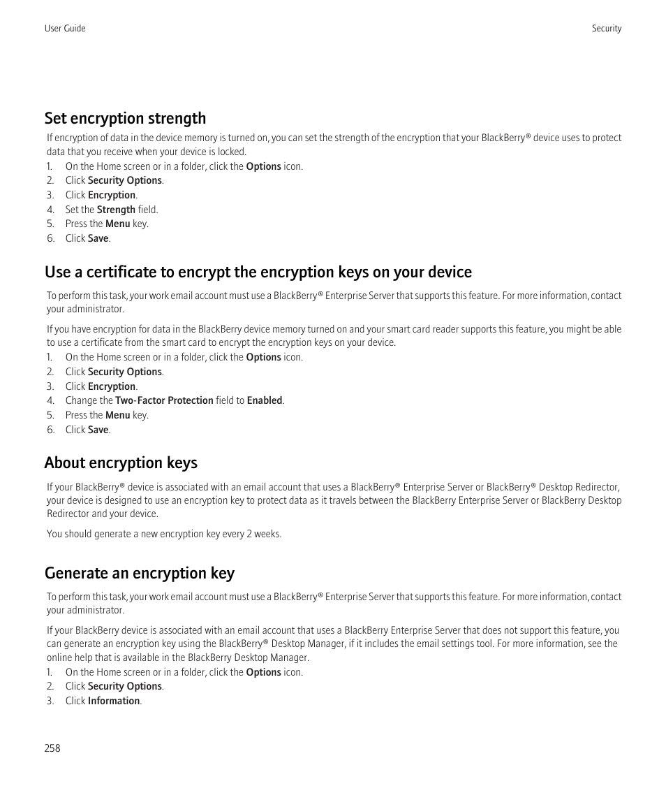 Generate an encryption key, 258, Set encryption strength, About encryption keys | Generate an encryption key | Blackberry CURVE 8350I User Manual | Page 260 / 318