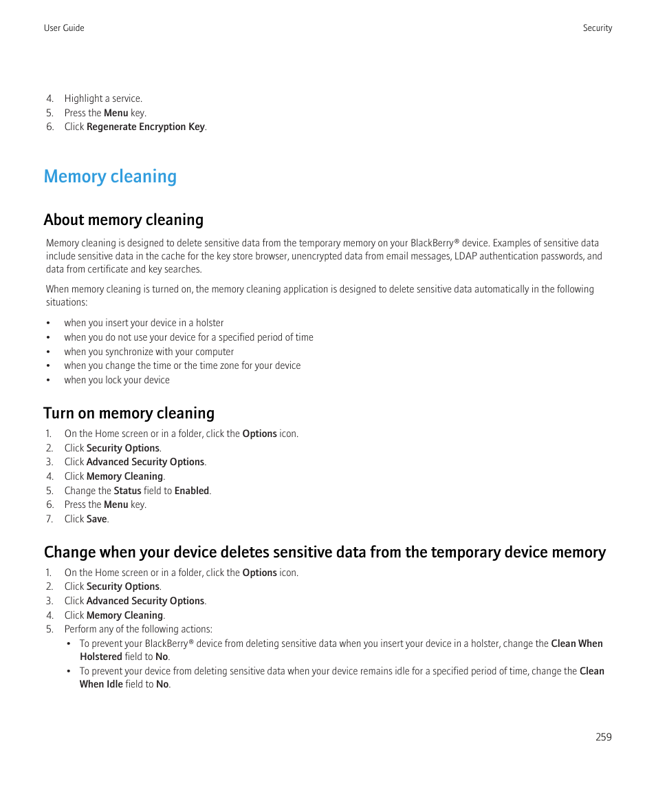 Memory cleaning | Blackberry CURVE 8350I User Manual | Page 261 / 318