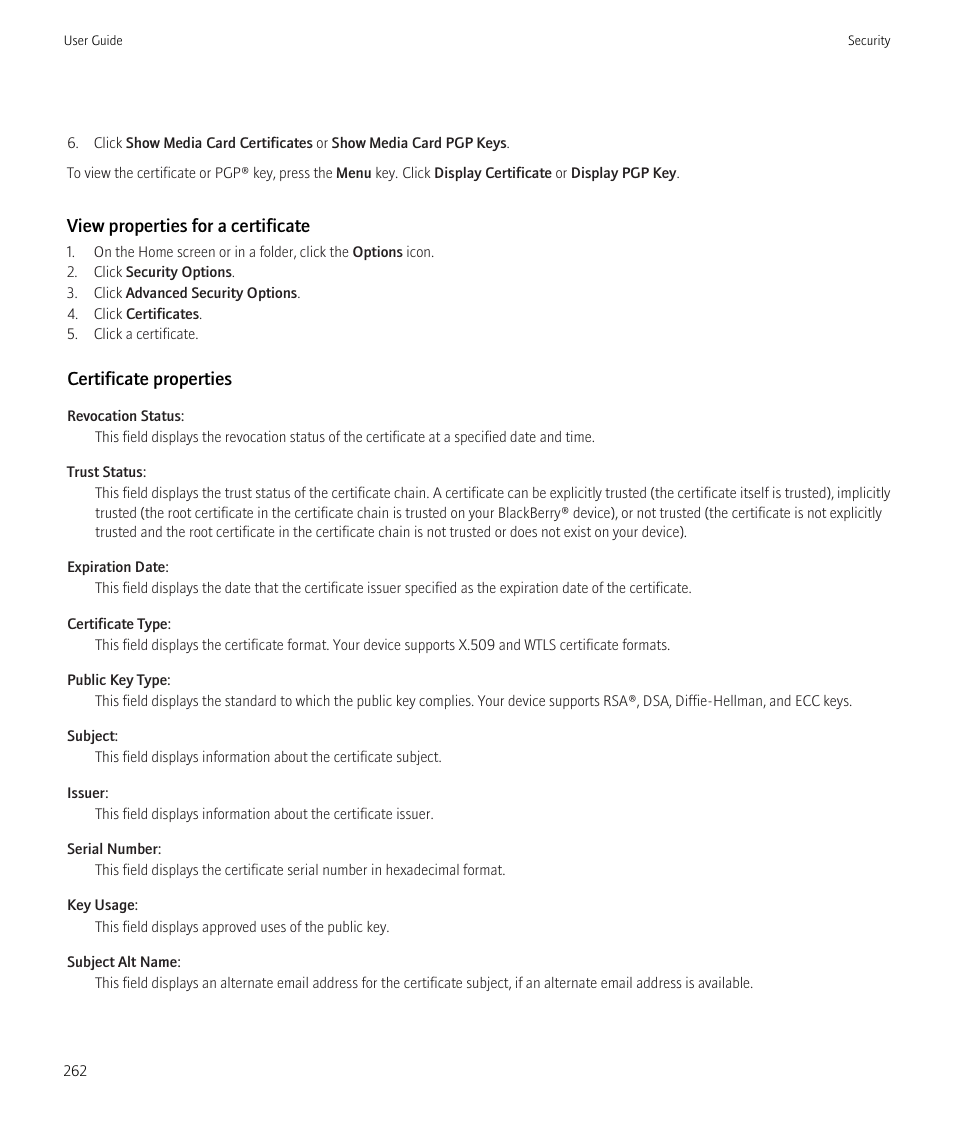 View properties for a certificate, Certificate properties | Blackberry CURVE 8350I User Manual | Page 264 / 318