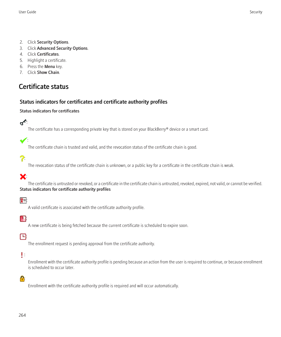 Certificate status | Blackberry CURVE 8350I User Manual | Page 266 / 318