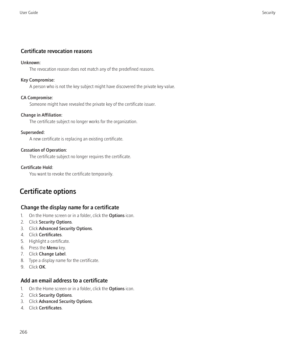 Certificate options | Blackberry CURVE 8350I User Manual | Page 268 / 318