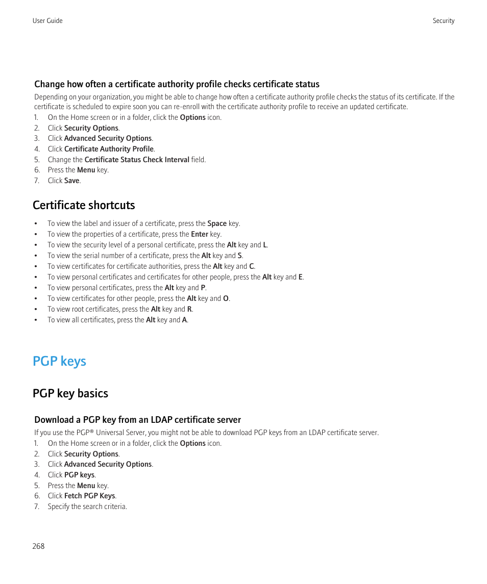 Pgp keys, Certificate shortcuts, Pgp key basics | Blackberry CURVE 8350I User Manual | Page 270 / 318